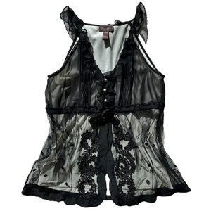 VINTAGE Trulli Black Sheer Camisole Blouse Ruffles Polka Dots Y2K 2000s Medium